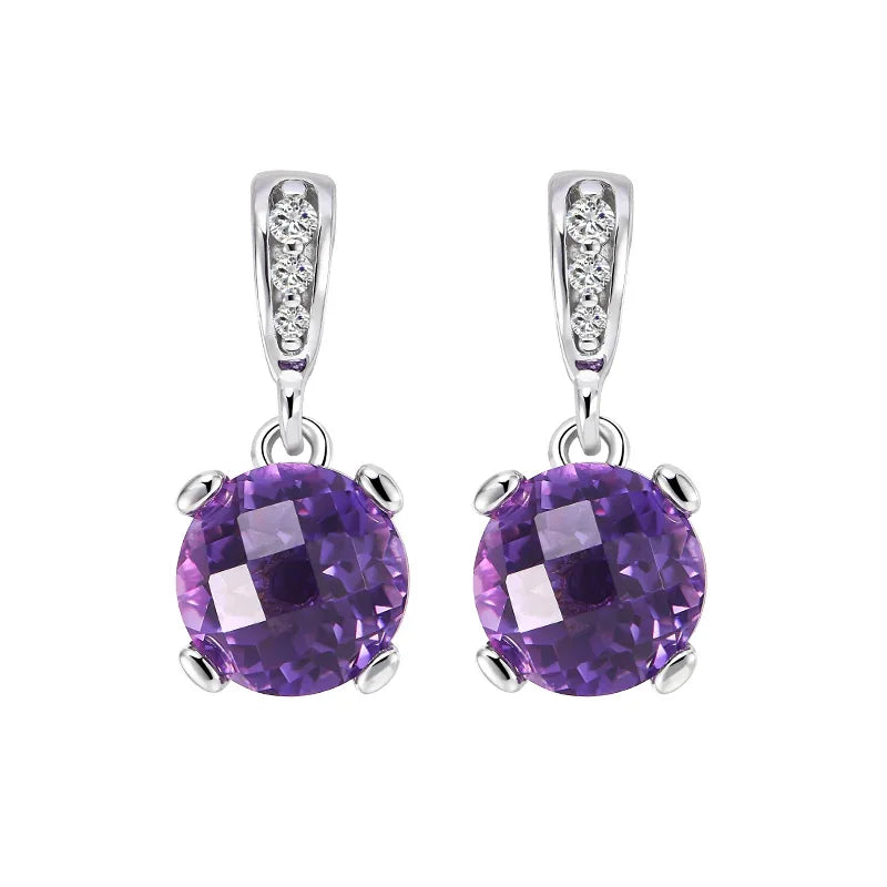 round amethyst drop earrings paired product view on a white background