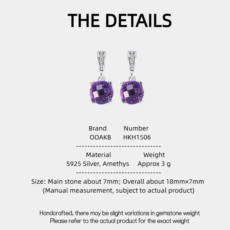 round amethyst drop earrings specification card with product measurements