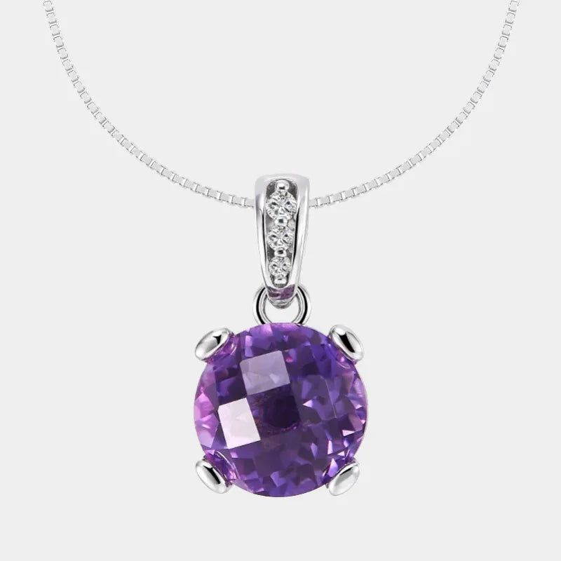 round amethyst pendant necklace front product view on a white background