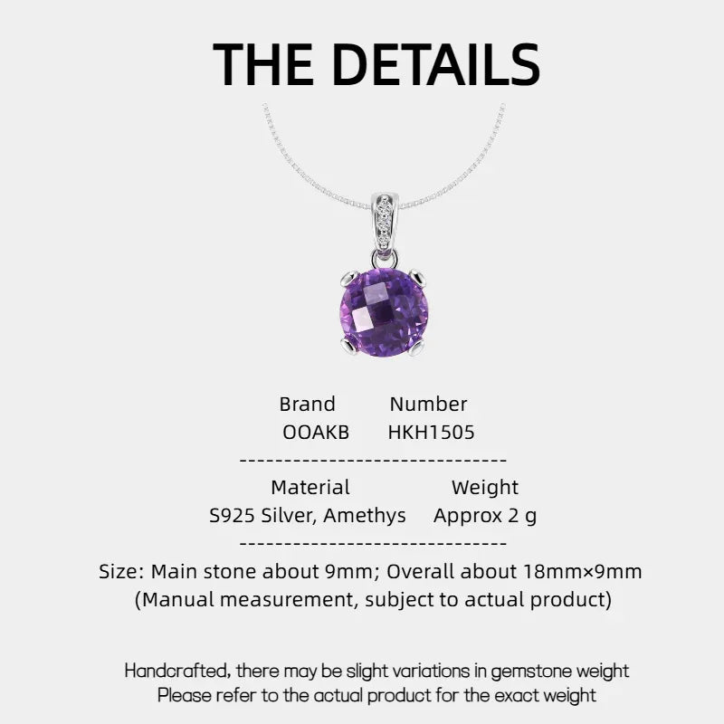 round amethyst pendant necklace specification card with product measurements