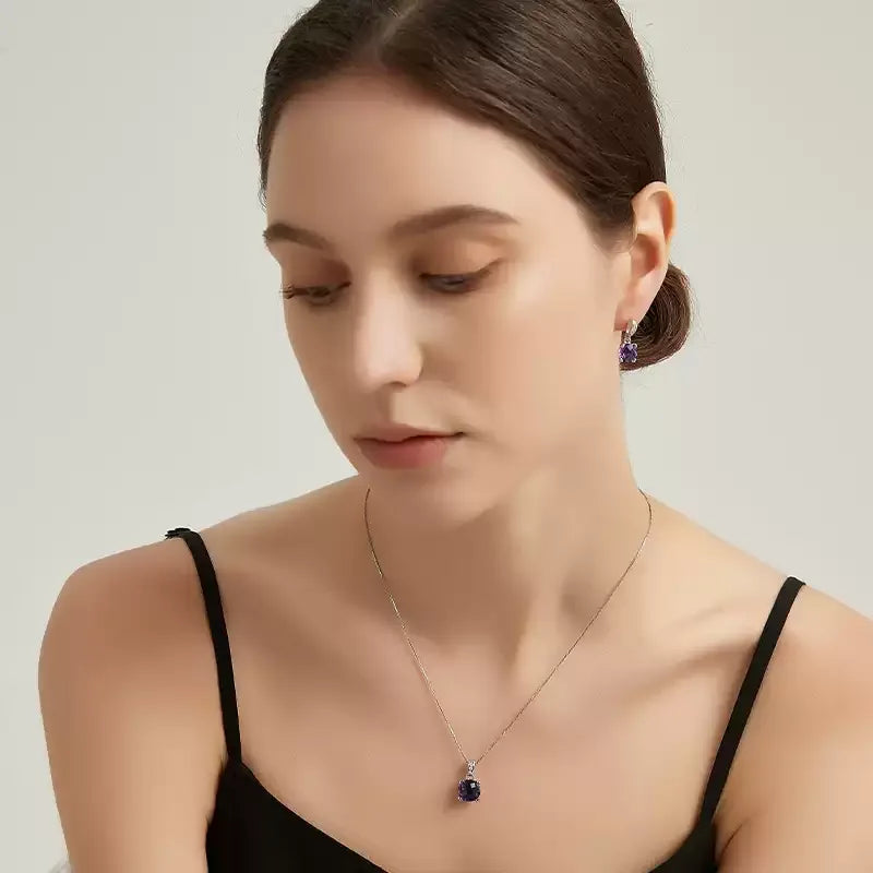 round amethyst pendant necklace styled model view showing pendant scale