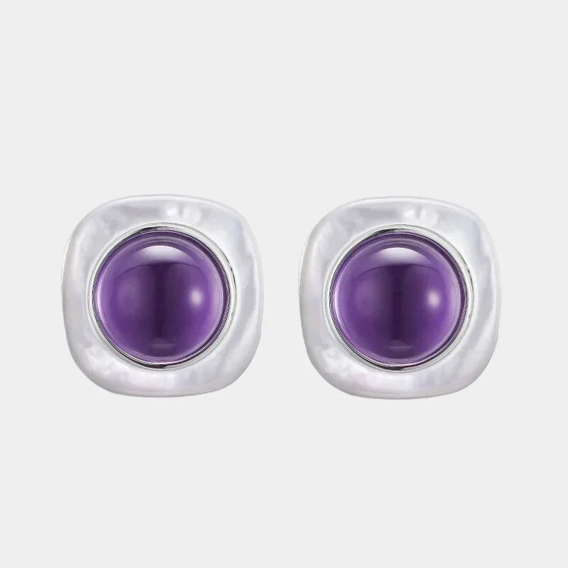 round amethyst stud earrings front product view on a white background