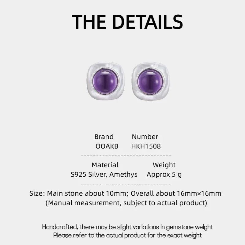round amethyst stud earrings specification card with product measurements