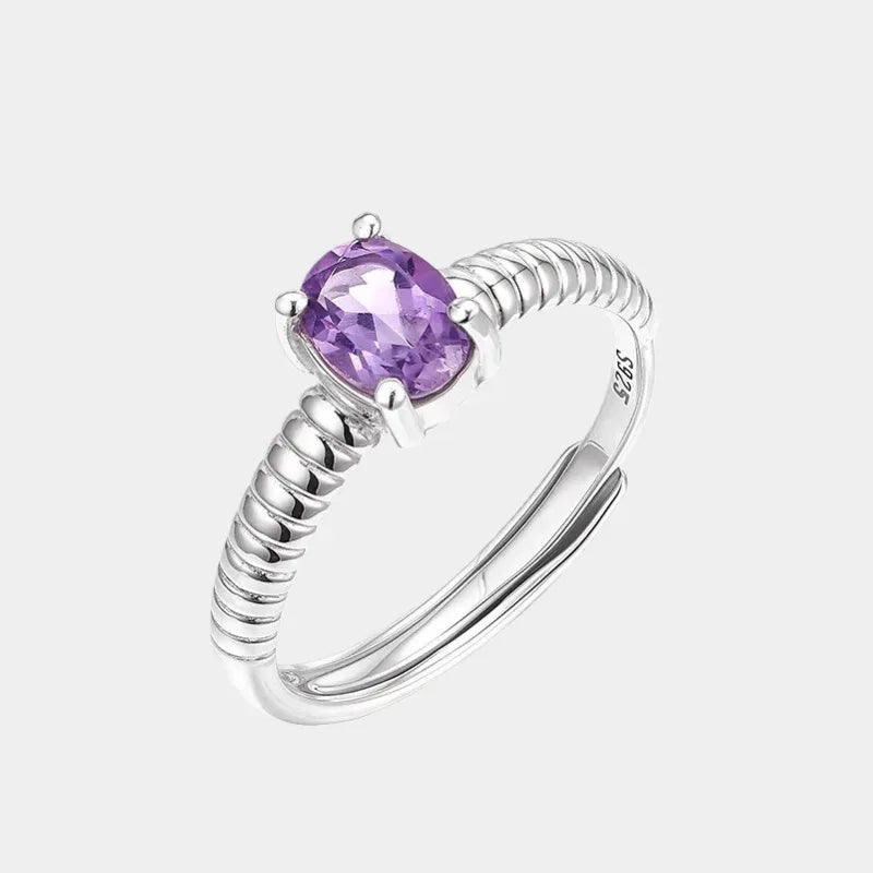 round amethyst open ring front product view on a white background