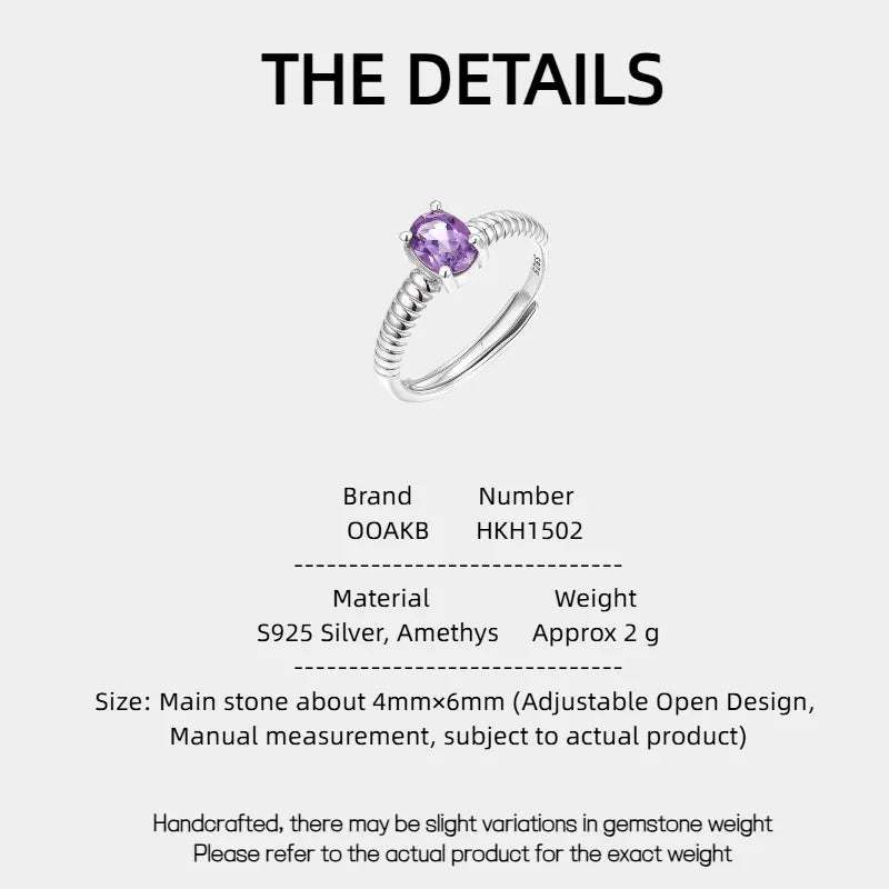 round amethyst open ring specification card with product measurements