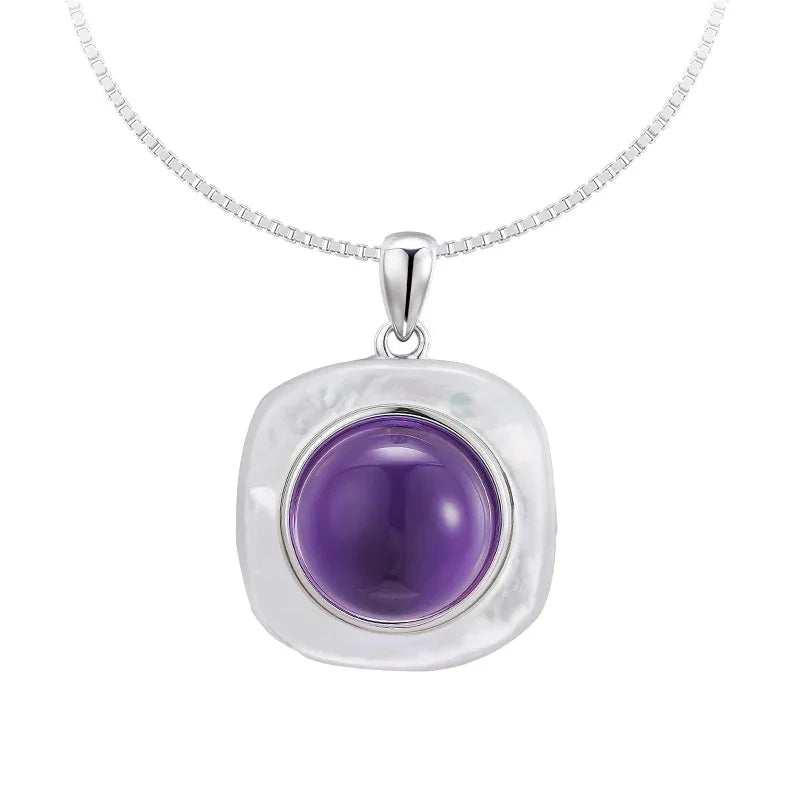 round amethyst pendant necklace front pendant view on a white background