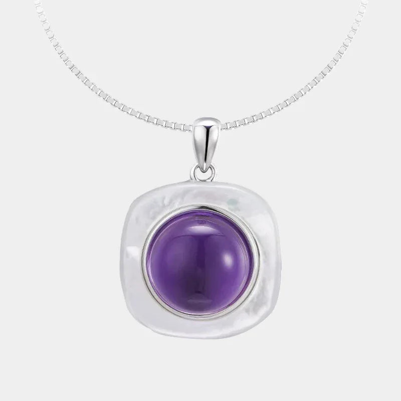 round amethyst pendant necklace front product view on a white background