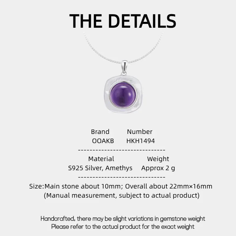 round amethyst pendant necklace specification card with product measurements