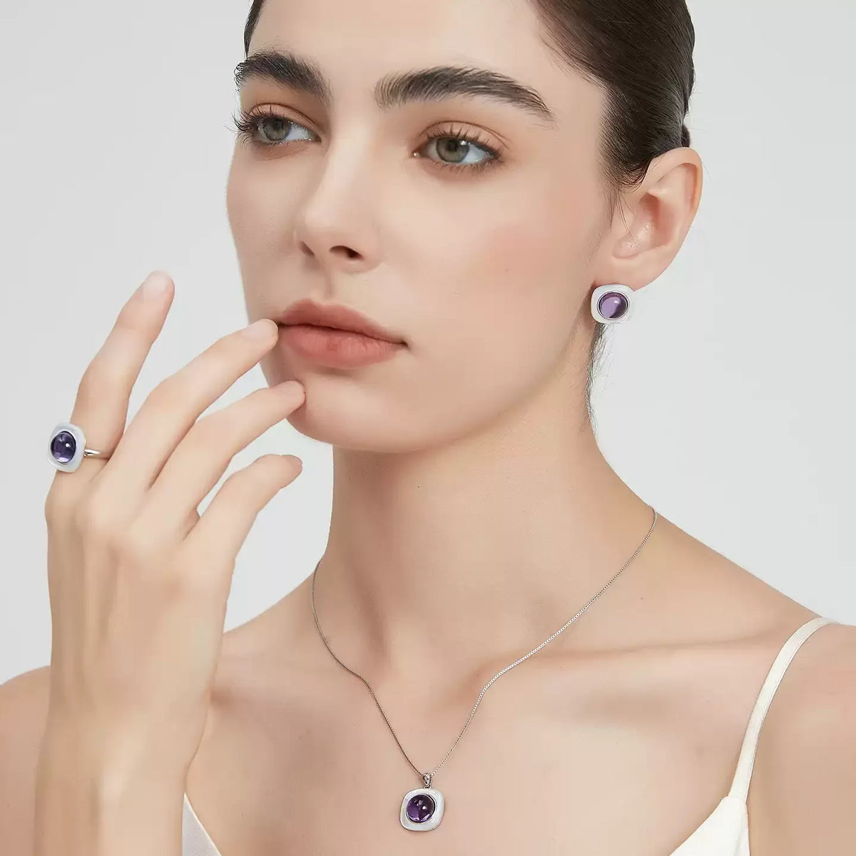 round amethyst pendant necklace styled model view showing pendant scale