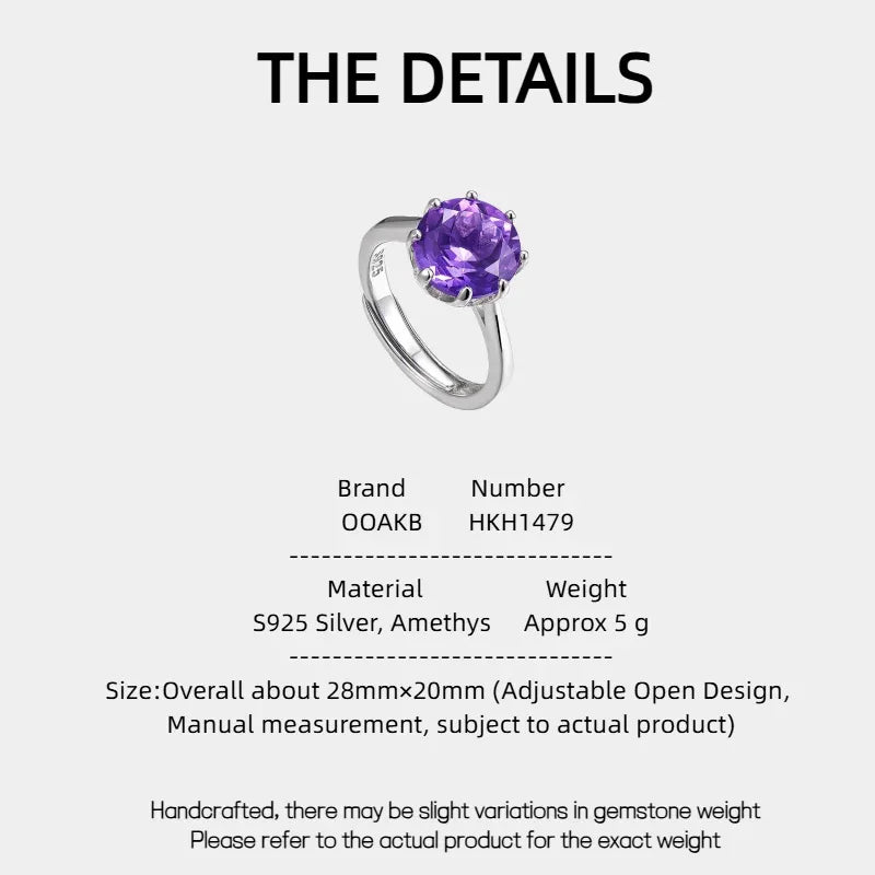 round amethyst solitaire ring specification card with product measurements