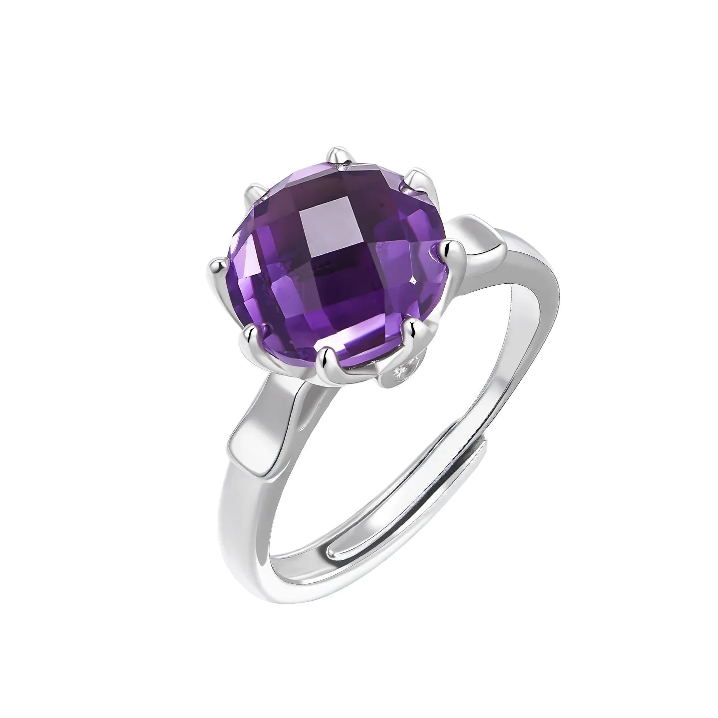 round amethyst solitaire ring worn detail beside the face