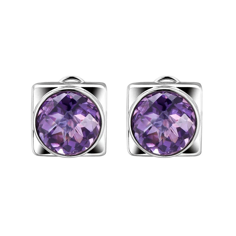 round amethyst stud earrings angled pair showing the settings