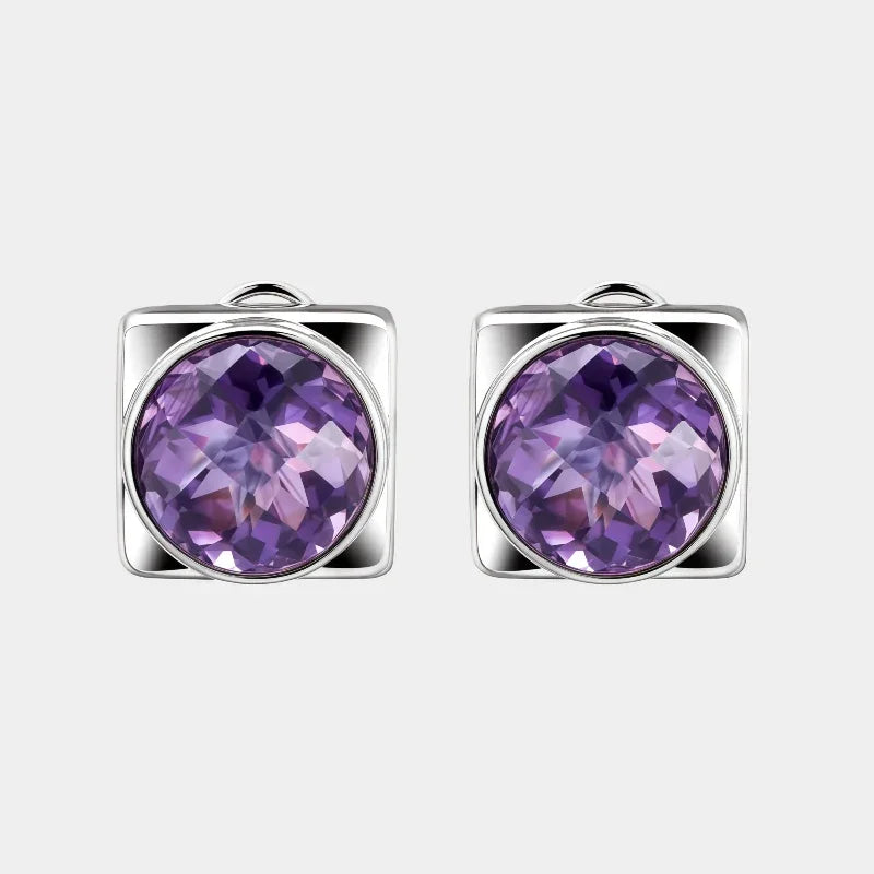 round amethyst stud earrings front product view on a white background