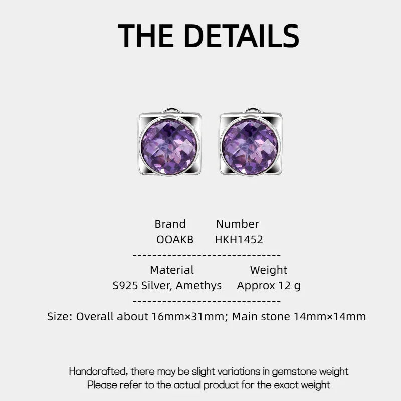 round amethyst stud earrings specification card with product measurements