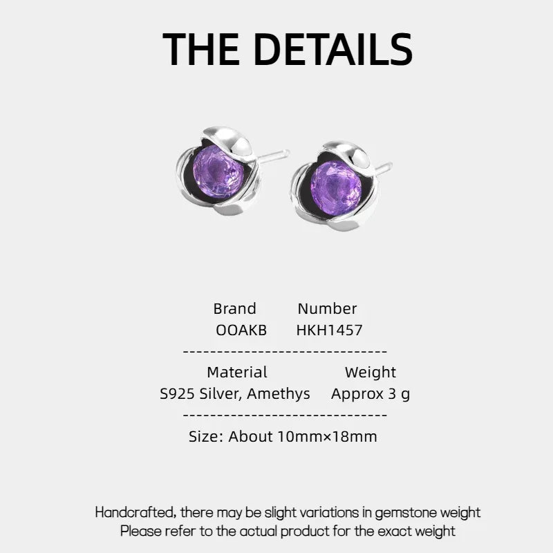 round amethyst stud earrings specification card with product measurements