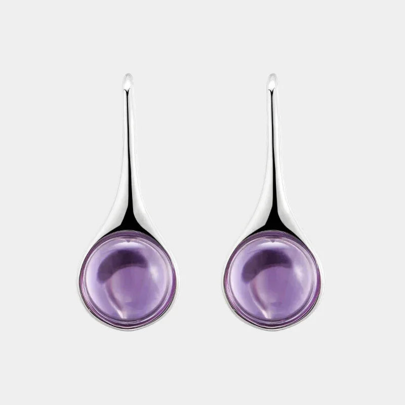 round amethyst drop earrings front product view on a white background