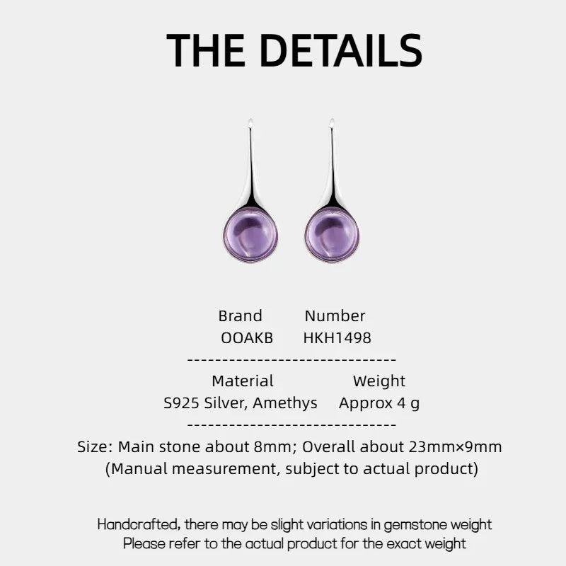 round amethyst drop earrings specification card with product measurements
