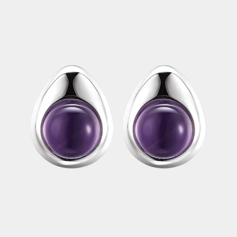 round amethyst stud earrings front product view on a white background