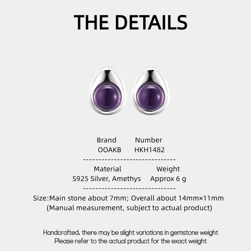 round amethyst stud earrings specification card with product measurements