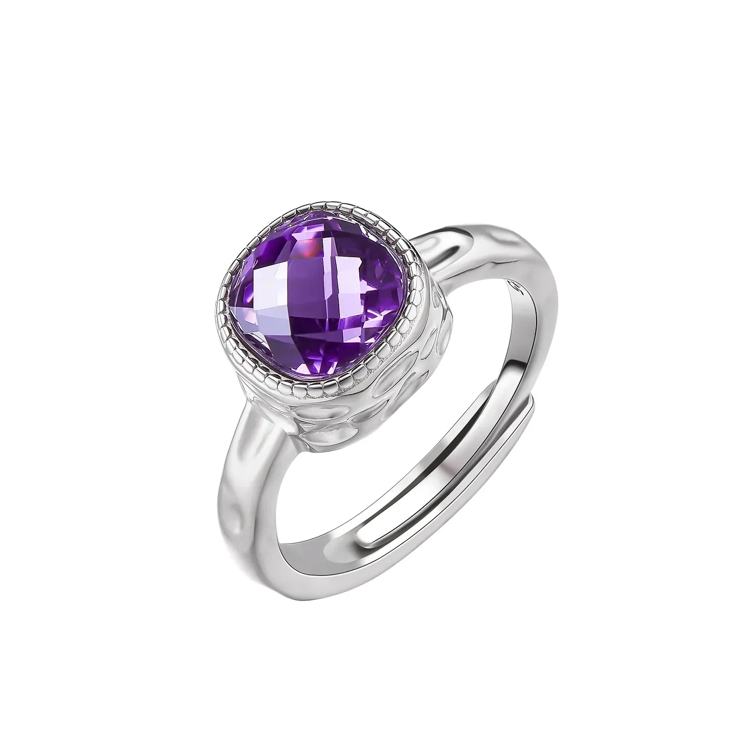 round amethyst halo ring angled product view on a white background