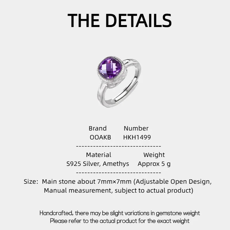 round amethyst halo ring specification card with product measurements