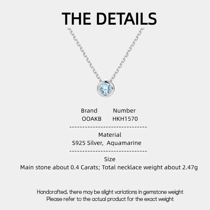 Round Aquamarine Bezel Pendant Necklace specification card with product measurements