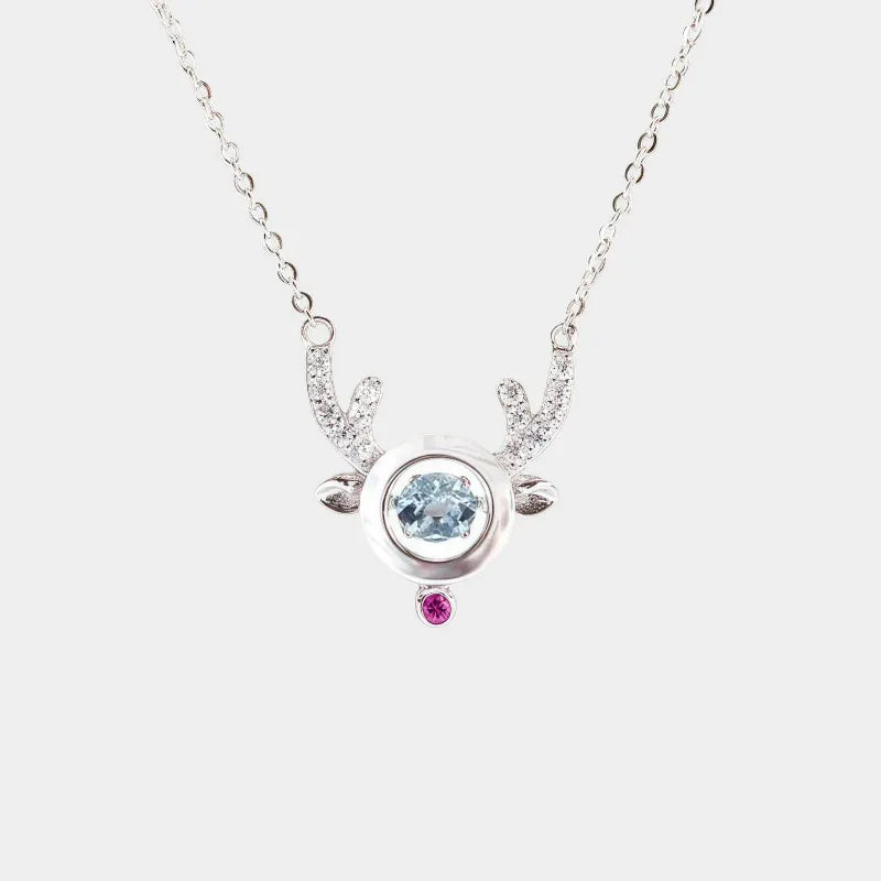 Round Aquamarine Deer Pendant Necklace full necklace view on a white background