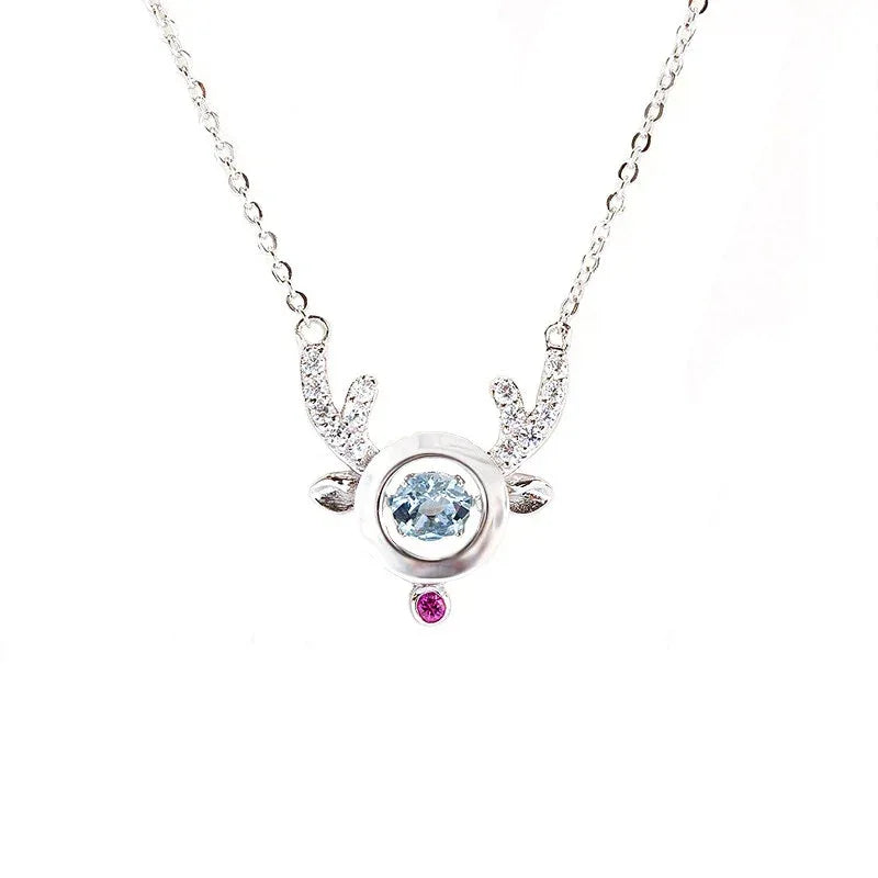 Round Aquamarine Deer Pendant Necklace pendant and chain detail on a light background