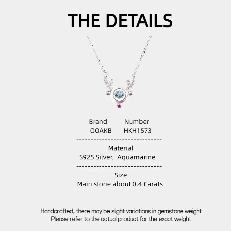Round Aquamarine Deer Pendant Necklace specification card with product measurements