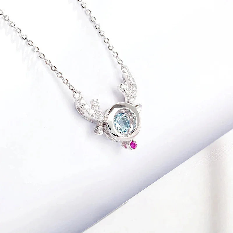 Round Aquamarine Deer Pendant Necklace styled neckline view showing pendant scale