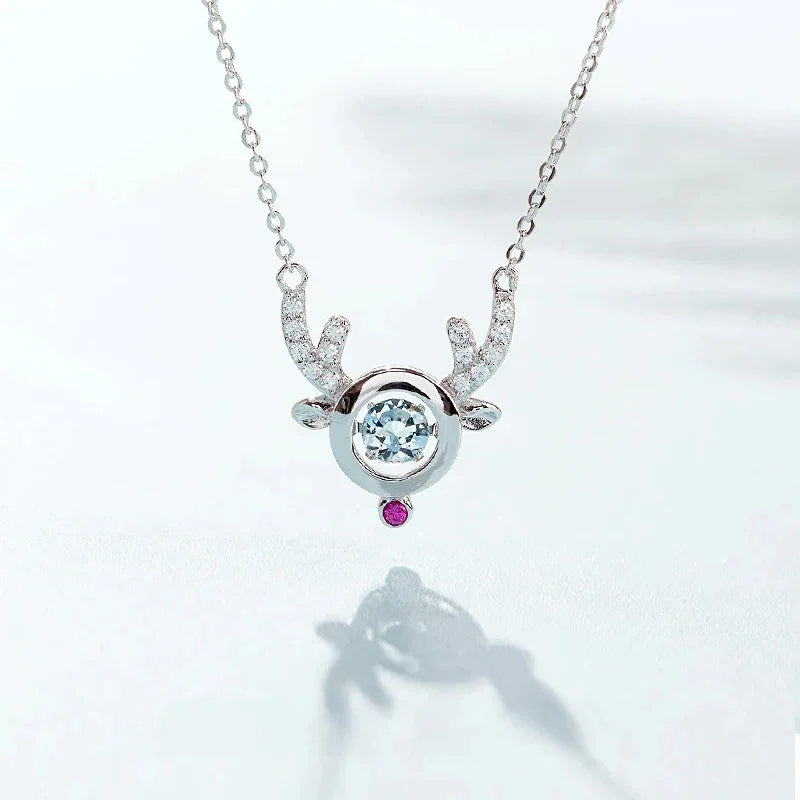 Round Aquamarine Deer Pendant Necklace worn at the neckline from a second angle