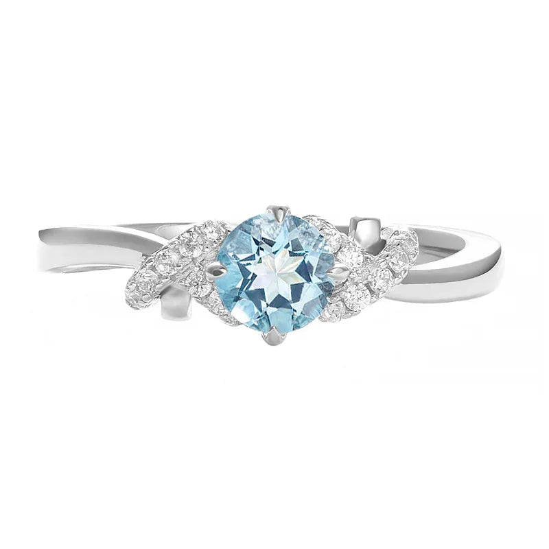 Round Aquamarine Floral Accent Ring front product view on a white background