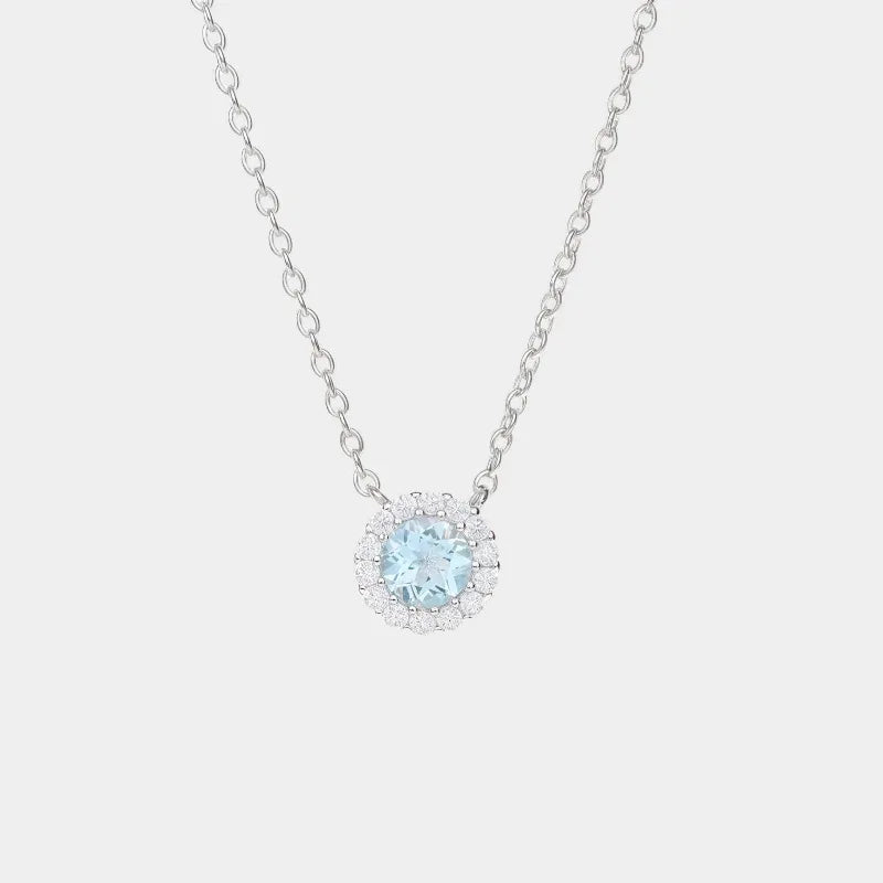 Round Aquamarine Halo Pendant Necklace full necklace view on a white background