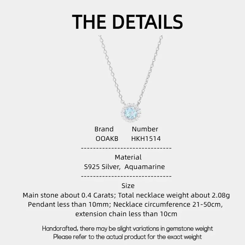 Round Aquamarine Halo Pendant Necklace specification card with product measurements