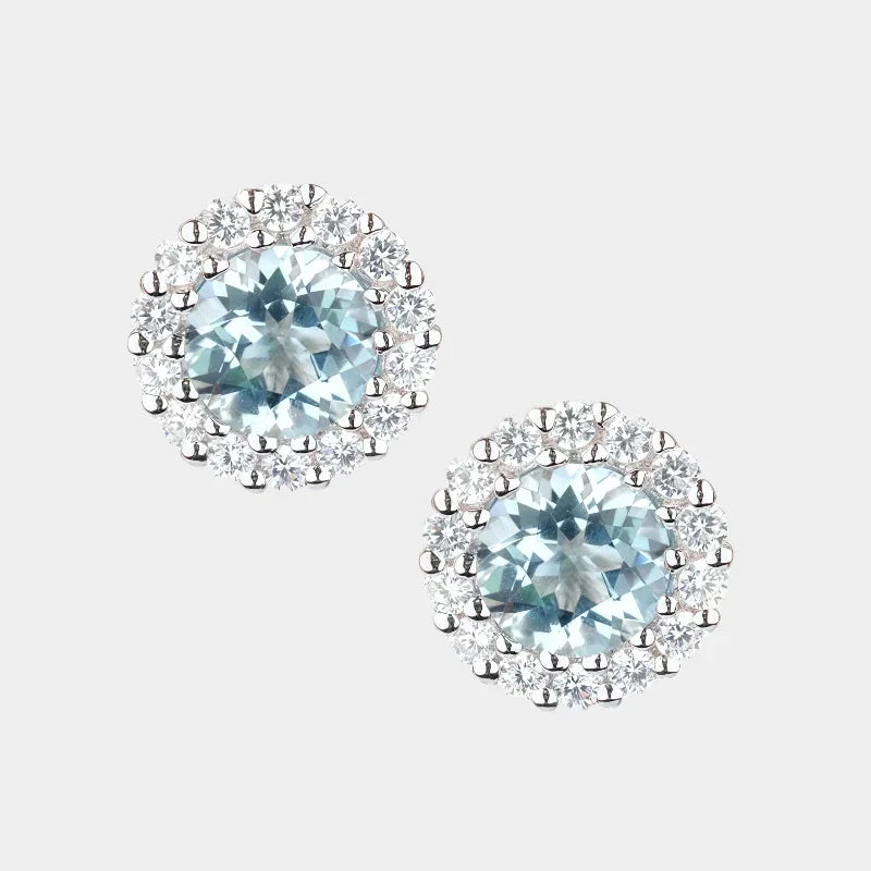 Round Aquamarine Halo Stud Earrings paired product view on a white background