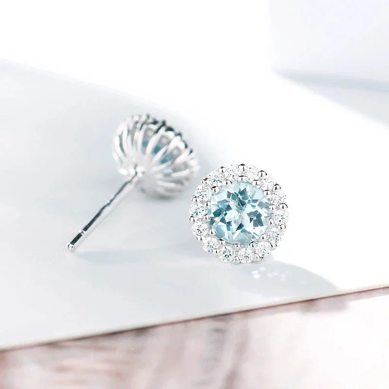Round Aquamarine Halo Stud Earrings rear view showing earring backs