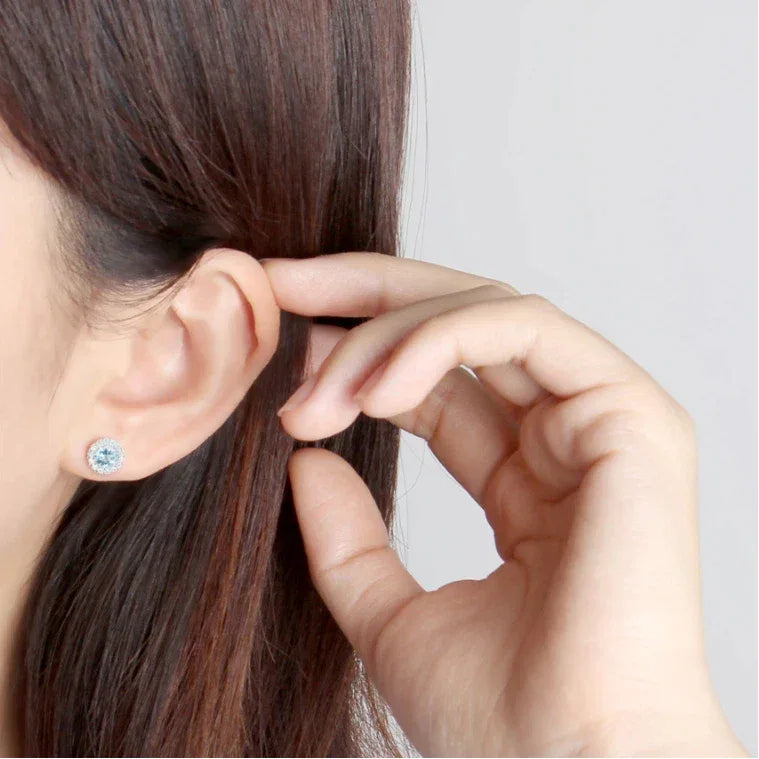 Round Aquamarine Halo Stud Earrings side view showing posts and settings