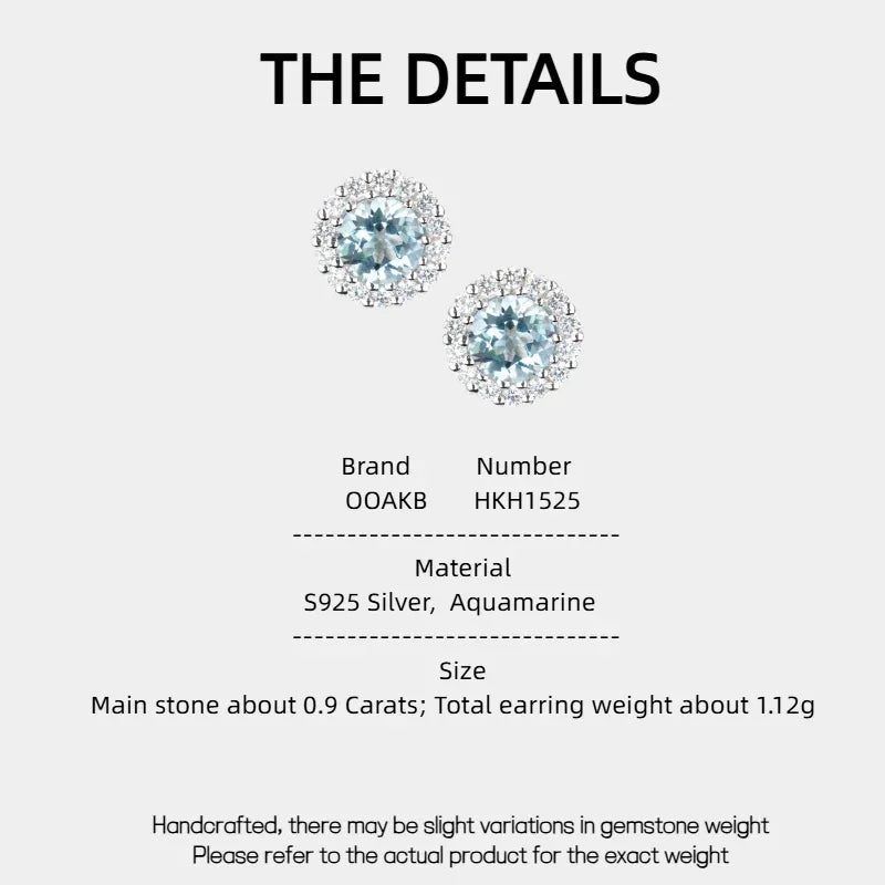Round Aquamarine Halo Stud Earrings specification card with product measurements