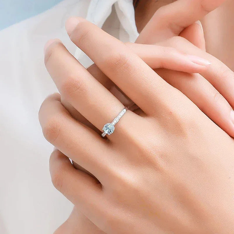 Round Aquamarine Pave Ring worn on the hand from a second angle
