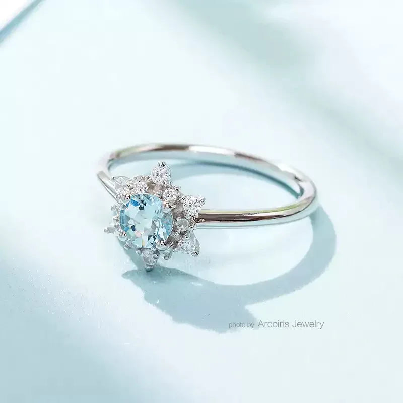 Round Aquamarine Snowflake Halo Ring side profile showing the band and setting