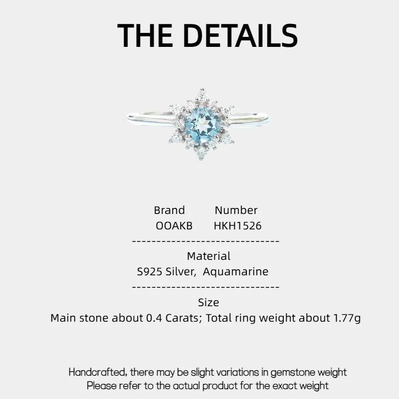 Round Aquamarine Snowflake Halo Ring specification card with product measurements