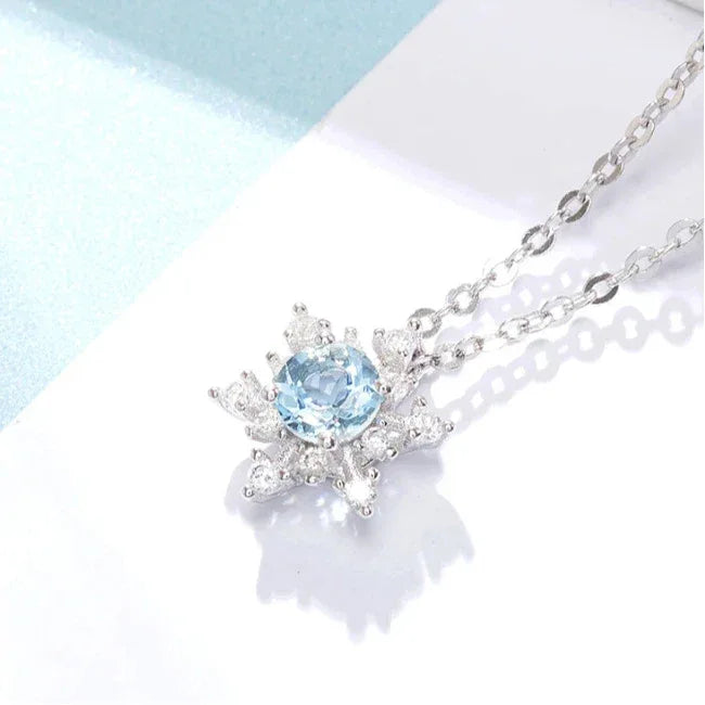 Round Aquamarine Snowflake Pendant Necklace angled pendant detail on white
