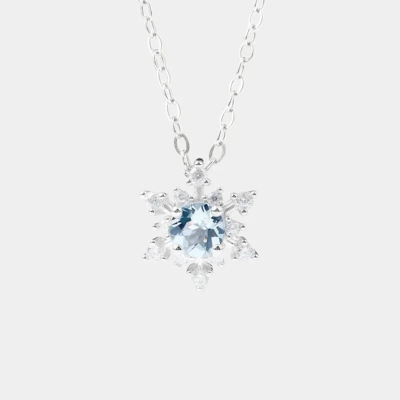 Round Aquamarine Snowflake Pendant Necklace full necklace view on a white background