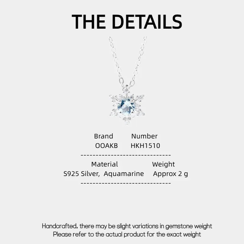 Round Aquamarine Snowflake Pendant Necklace specification card with product measurements