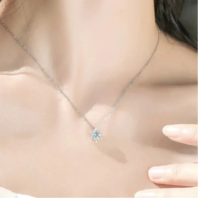 Round Aquamarine Snowflake Pendant Necklace worn at the neckline from a second angle