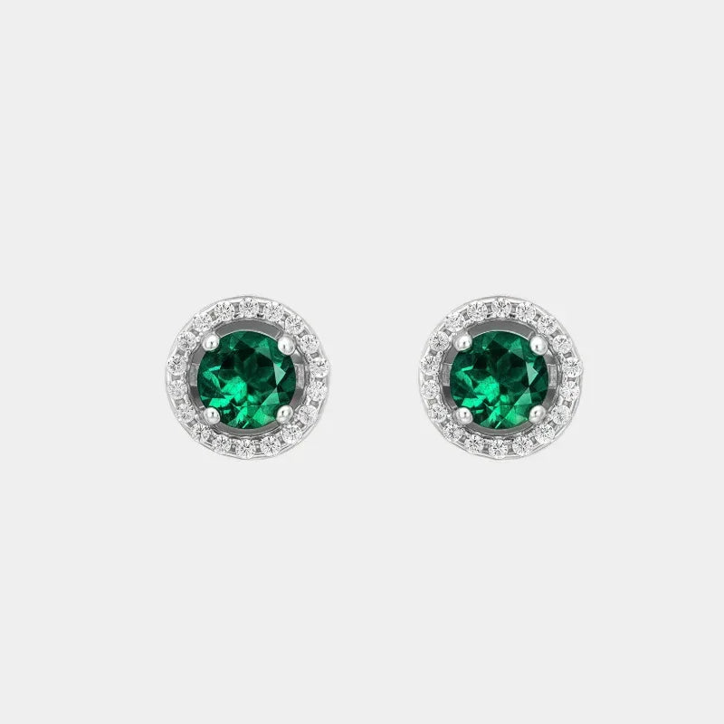 Round Emerald Halo Stud Earrings paired product view on a white background