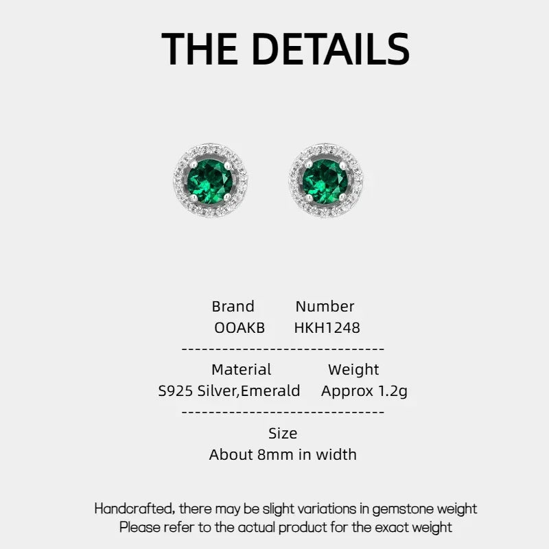 Round Emerald Halo Stud Earrings specification card with product measurements
