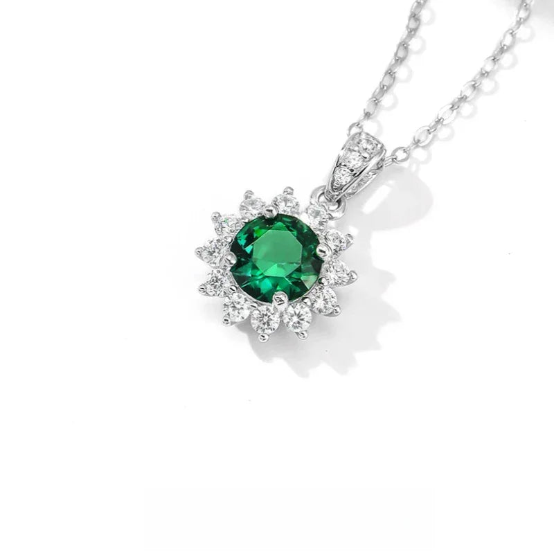 Round Emerald Sunflower Pendant Necklace angled pendant detail