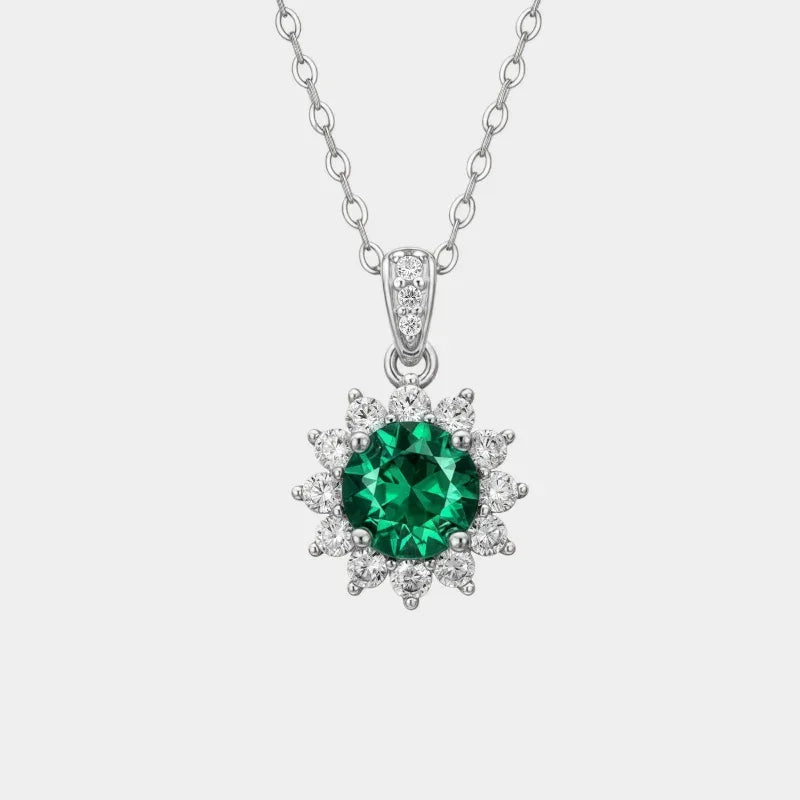 Round Emerald Sunflower Pendant Necklace full necklace view on a white background