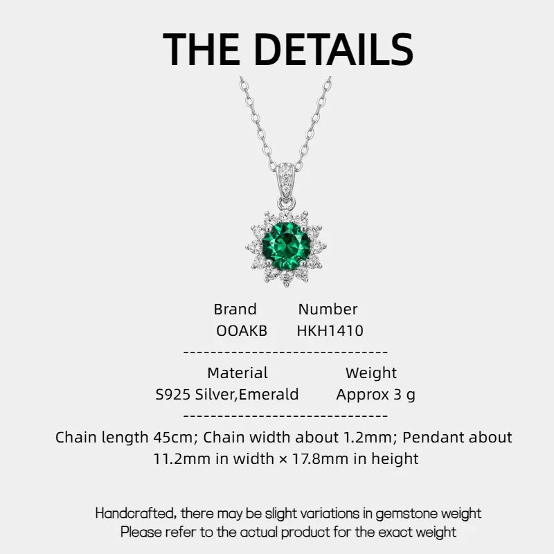 Round Emerald Sunflower Pendant Necklace specification card with product measurements